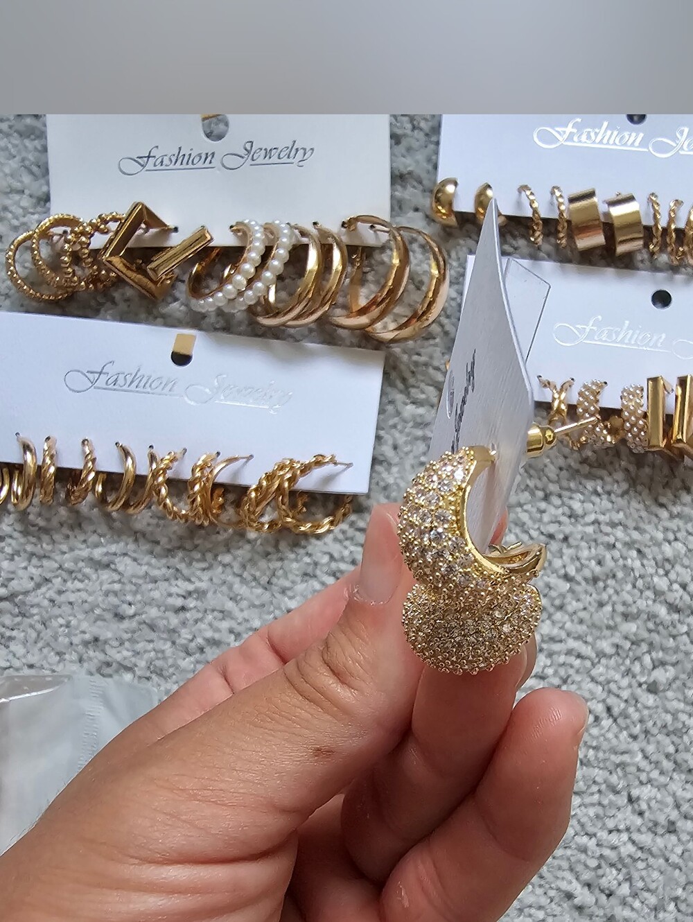 Jewelry lot bundle gold toned gold hoops earrings large small cross pearls cubic - Picture 5 of 6